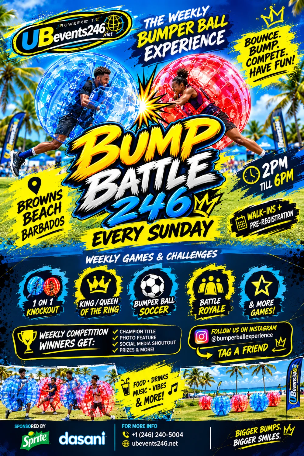 Bump Battle 246 flyer - weekly bumper ball experience every Sunday 2PM to 6PM at Brownes Beach, Barbados