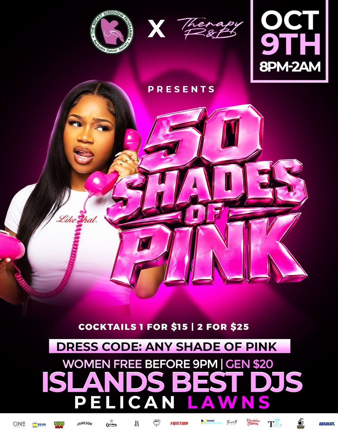 50 Shades of Pink flyer, Therapy R&B x The Breast Screening Programme, Friday October 9, Pelican Lawns