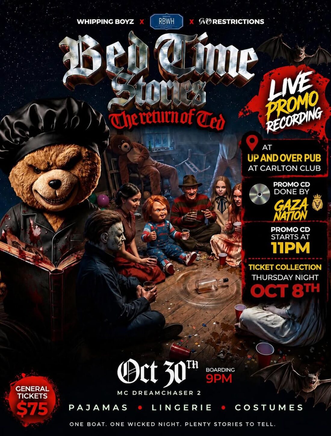 Bed Time Stories: The Return of Ted flyer, 30 October, boarding 9pm on MC Dreamchaser 2