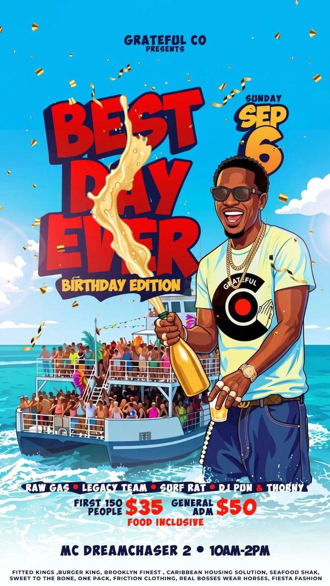 Best Day Ever Birthday Edition boat ride flyer, Sunday 6 September, MC Dreamchaser 2