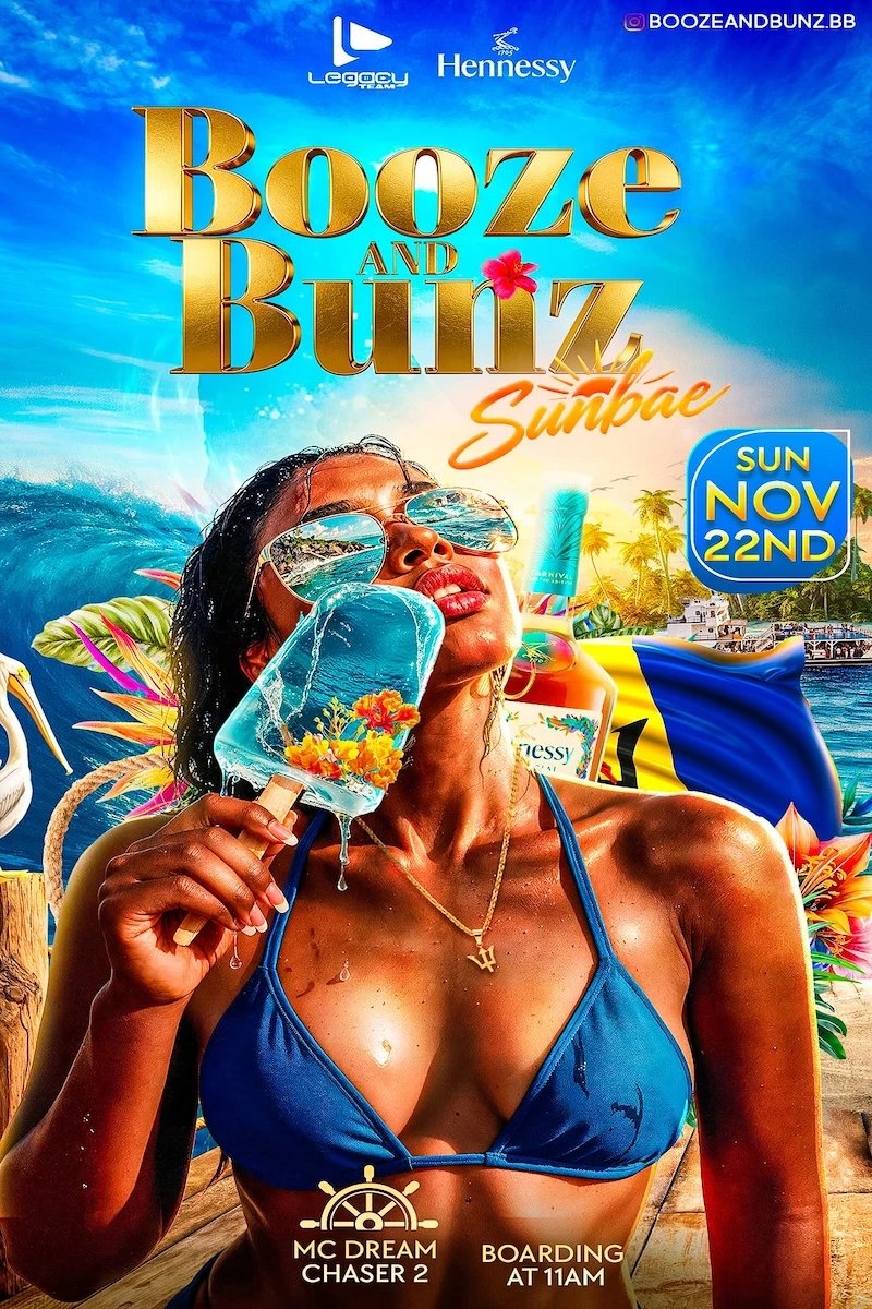 Booze and Bunz Sunbae boat ride flyer, Sunday 22 November, MC Dream Chaser 2, boarding 11am