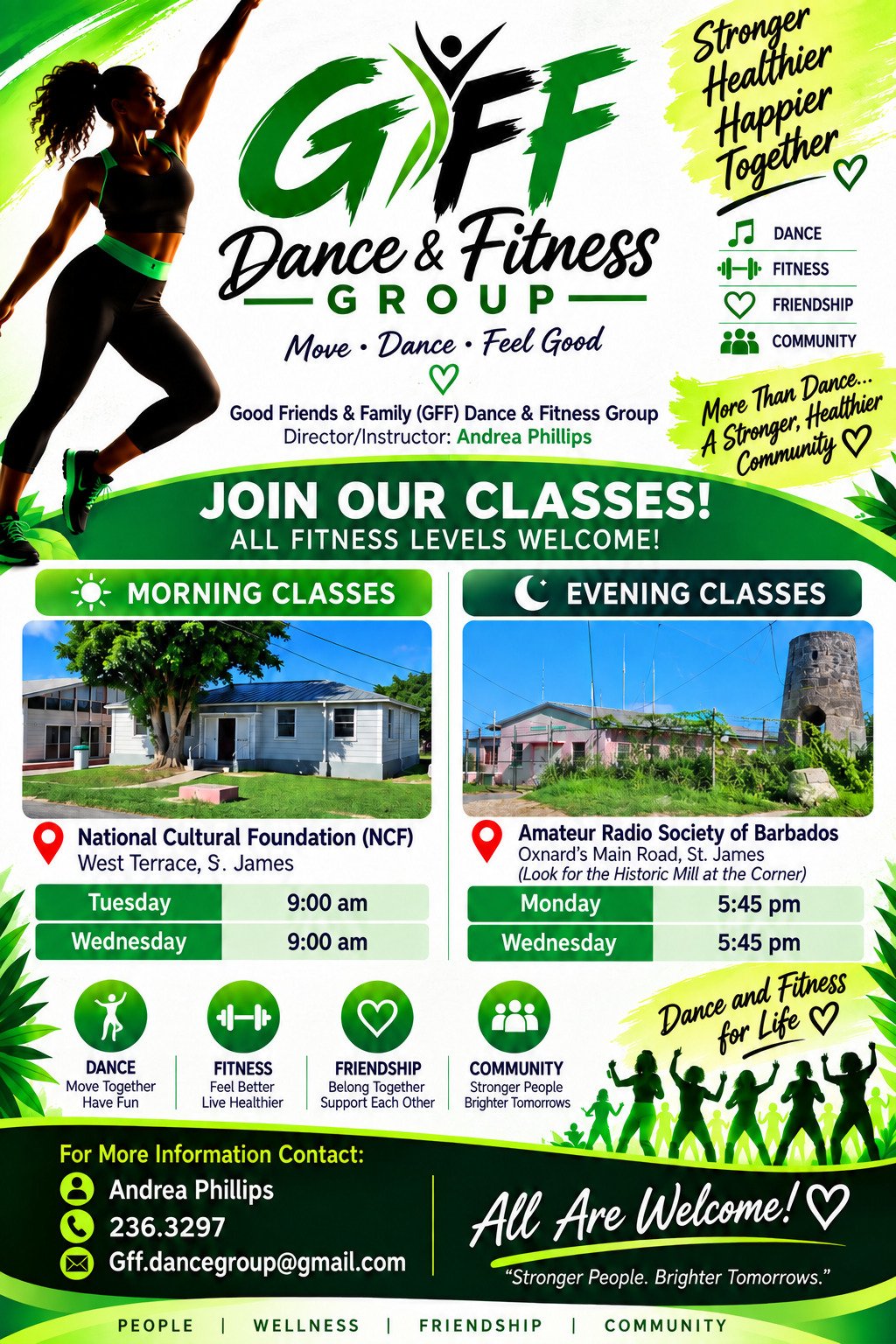 GFF Dance & Fitness Group weekly classes flyer: NCF West Terrace and Amateur Radio Society of Barbados, St. James