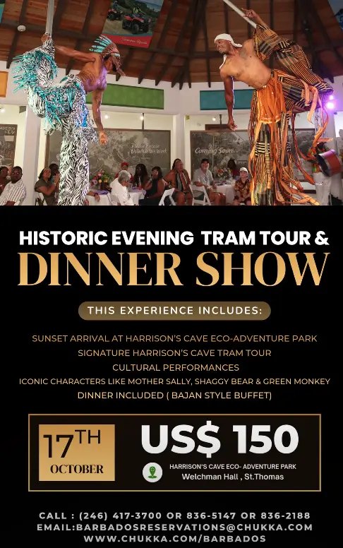 Historic Evening Tram Tour and Dinner Show flyer, Harrison’s Cave, 17 October, US$150