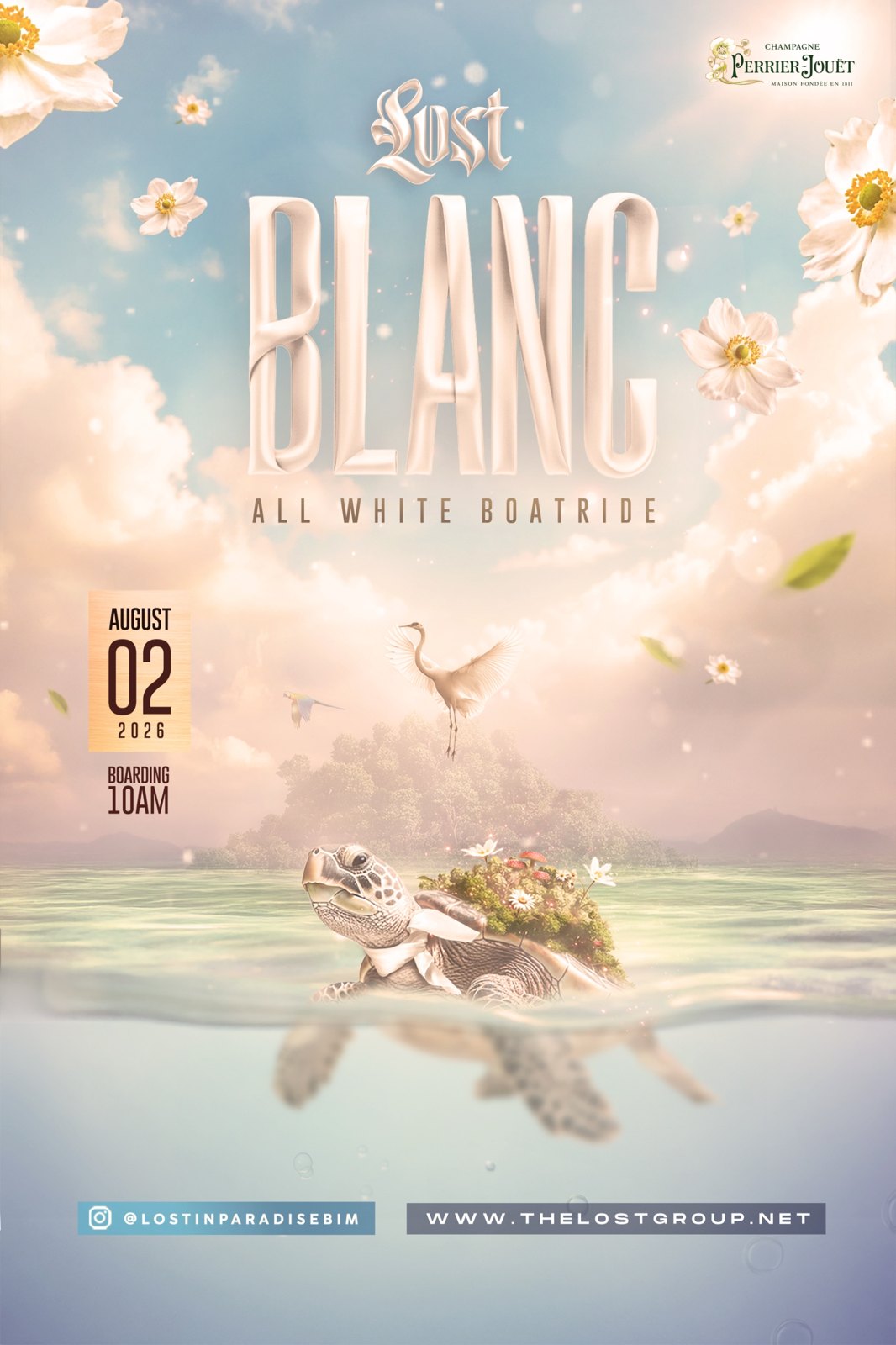 Lost Blanc all white boat ride flyer, 2 August 2026, boarding 10am