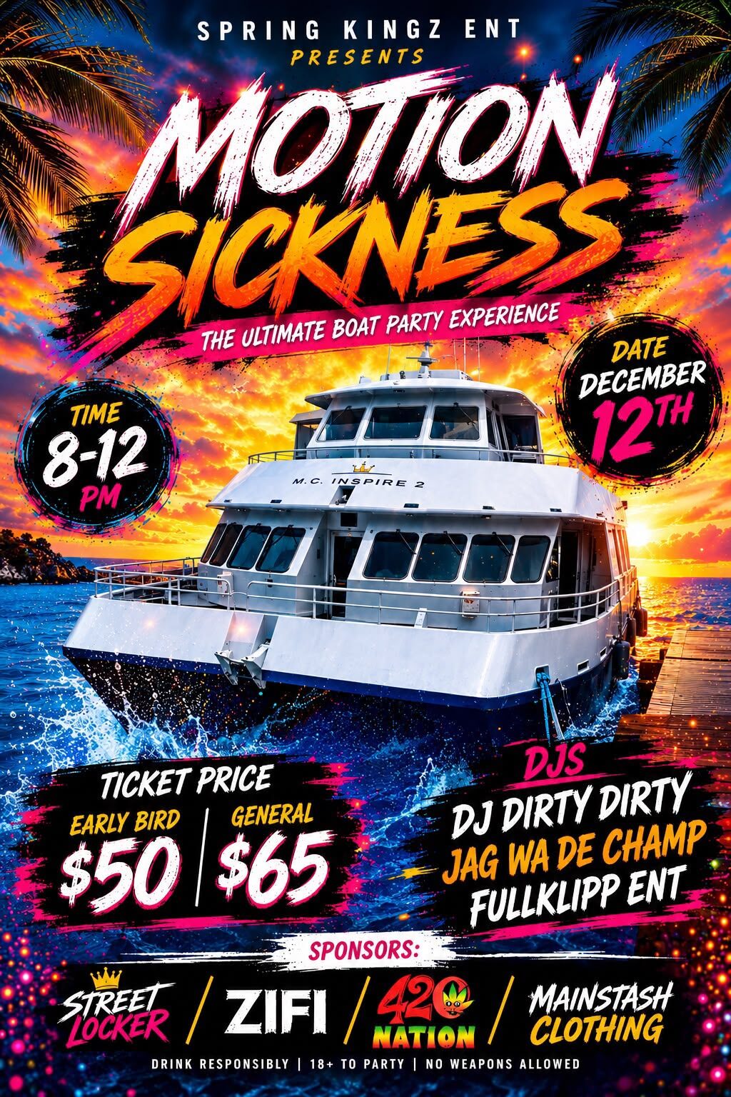 Motion Sickness boat party flyer, 12 December, 8pm to 12am on M.C. Inspire 2