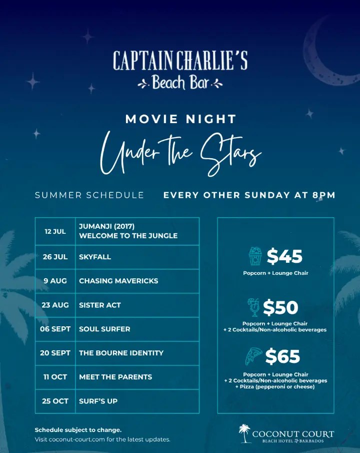 Movie Night Under the Stars schedule, Captain Charlie’s Beach Bar, Coconut Court