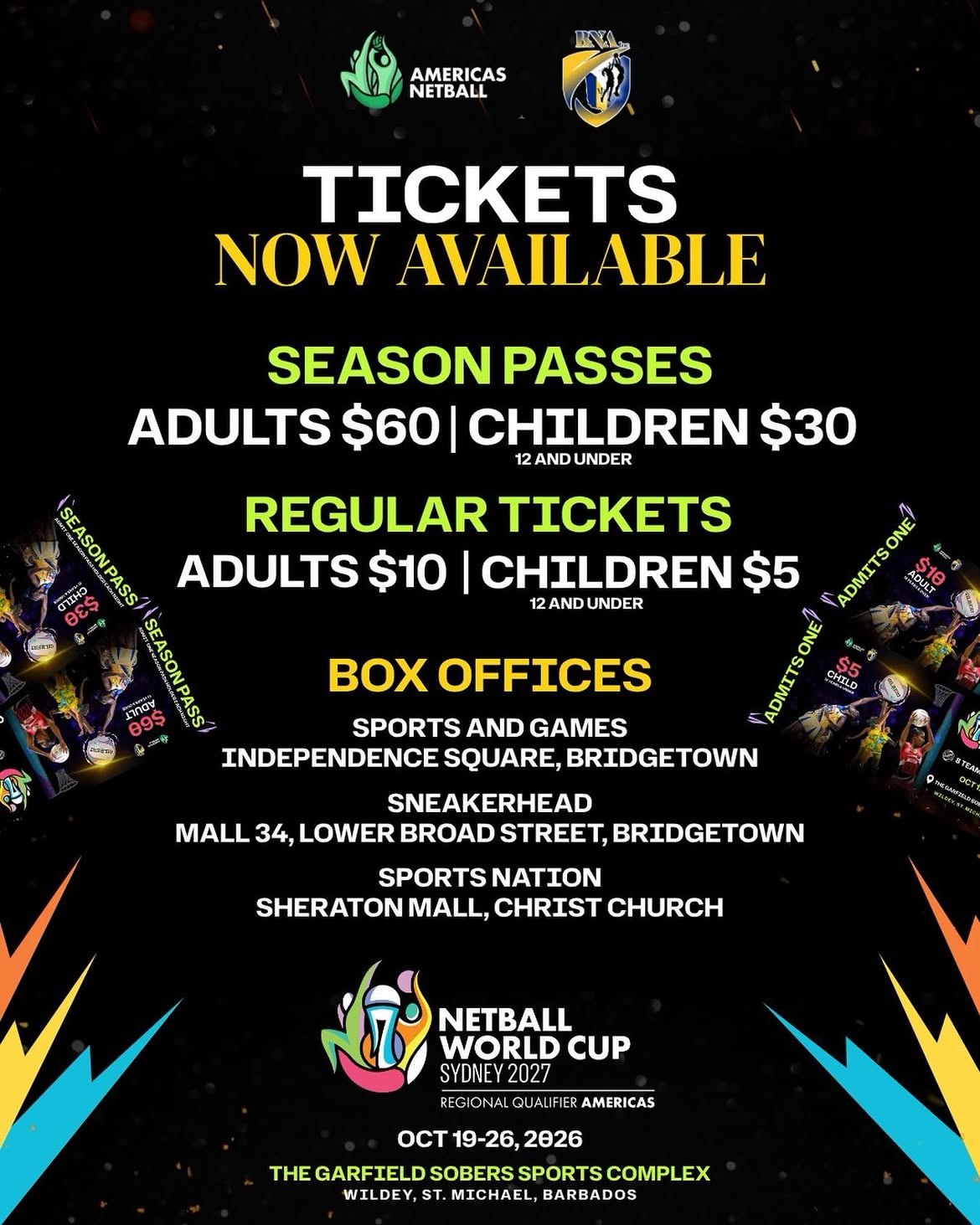 Netball World Cup 2027 Americas Qualifier tickets: season passes and regular tickets, box offices