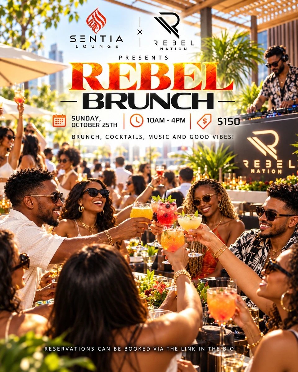 Rebel Brunch flyer, Sentia Lounge x Rebel Nation, Sunday 25 October, 10am-4pm, $150