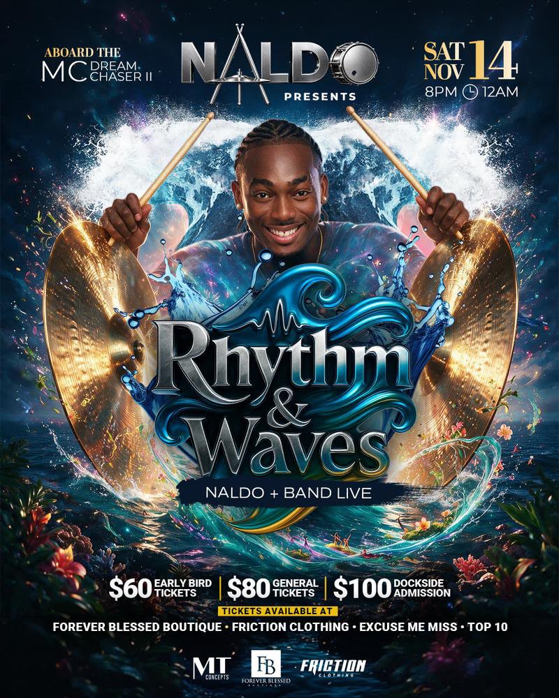 Rhythm & Waves flyer: Naldo + Band Live aboard MC Dream Chaser II, Saturday 14 November, 8pm to 12am, Barbados