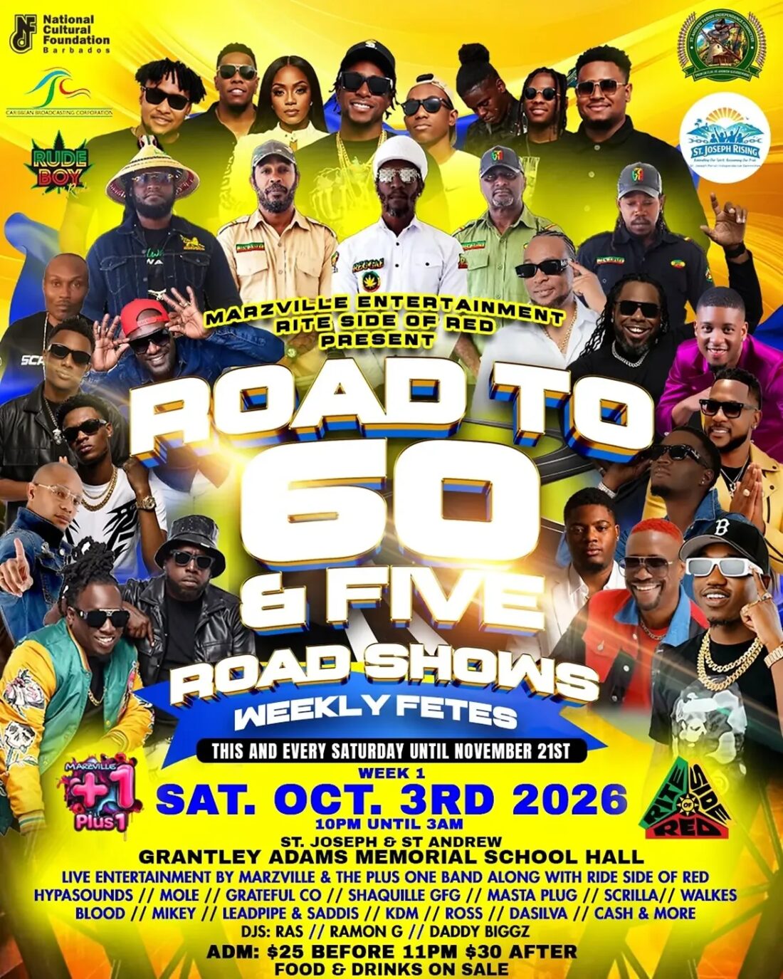 Road to 60 and Five Road Shows weekly fetes flyer, week 1 Saturday 3 October 2026