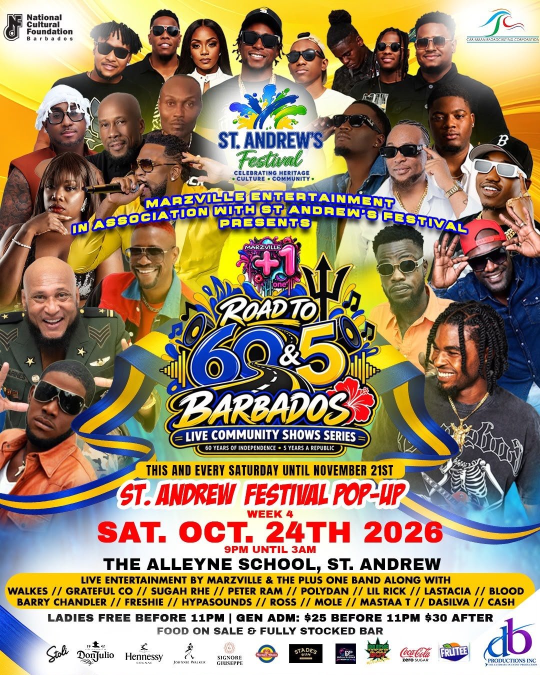 Road to 60 & 5 Barbados Week 4 flyer: St. Andrew Festival Pop-Up, Saturday 24 October 2026, 9pm to 3am at The Alleyne School, St. Andrew