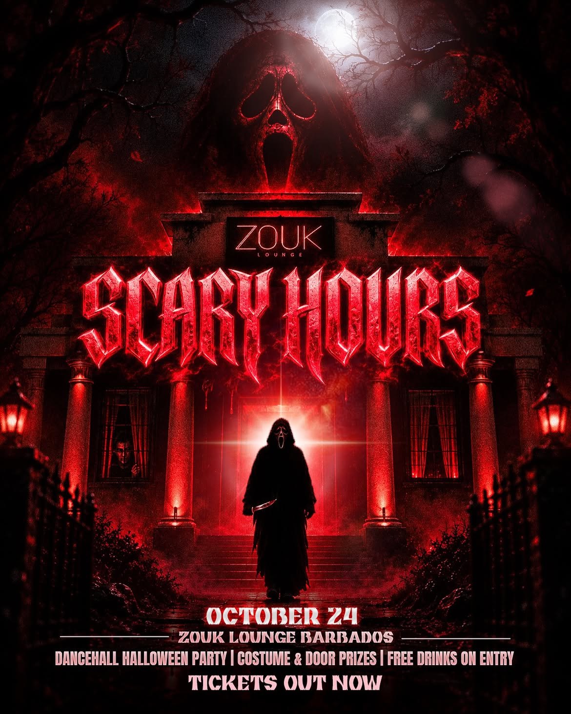 Scary Hours dancehall Halloween party flyer, 24 October, Zouk Lounge Barbados