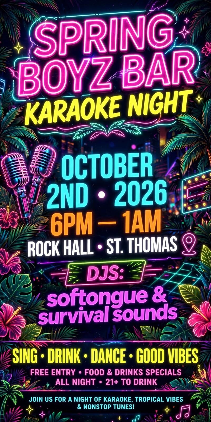 Spring Boyz Bar Karaoke Night flyer, 2 October 2026, 6pm to 1am, Rock Hall, St. Thomas