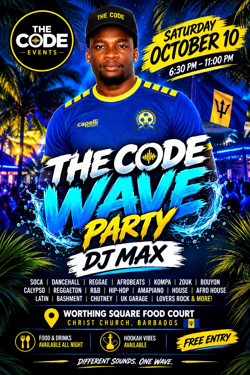 The Code Wave Party flyer: DJ Max, Saturday 10 October, 6:30 to 11pm at Worthing Square Food Court, Christ Church, free entry