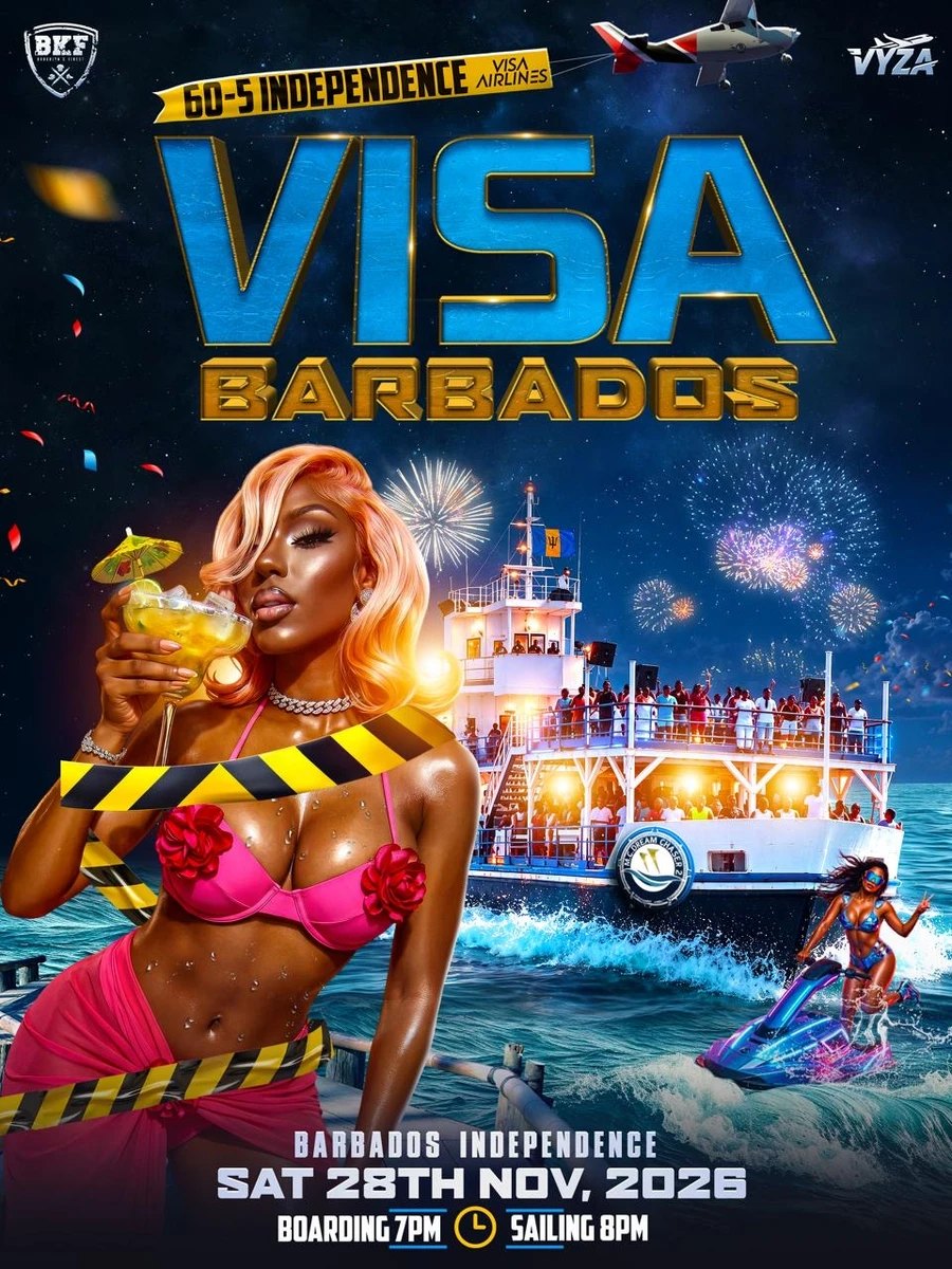 Visa Barbados Independence boat ride flyer, Saturday 28 November 2026, boarding 7pm, sailing 8pm
