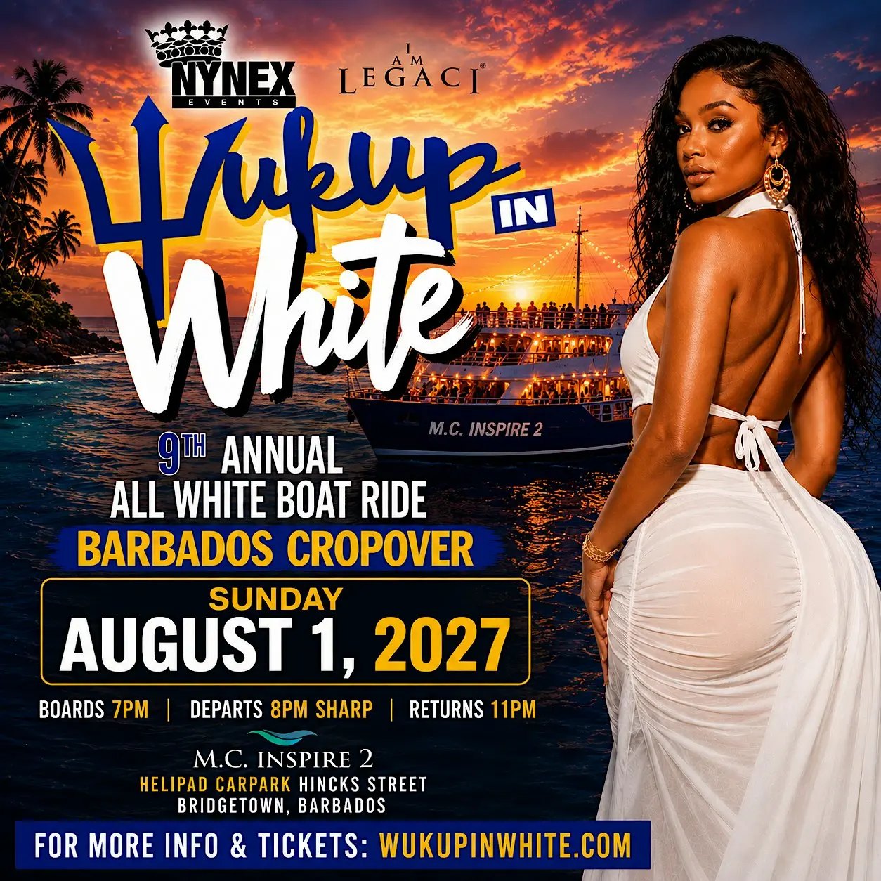 Wuk Up in White 9th annual all white boat ride flyer, Sunday 1 August 2027, M.C. Inspire 2